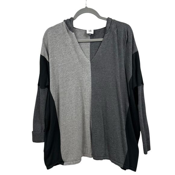 CAbi Dakota Hooded Poncho Sweater S Color Block Relaxed Black Gray Pullover 4037 - Picture 1 of 10